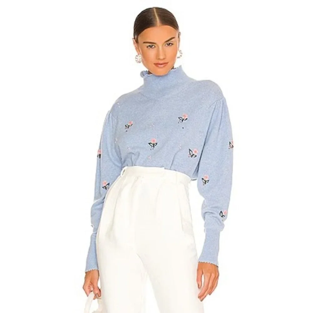 Something Navy Embroidered Mock Neck Sweater Blue Floral NWT Wool Blend Size XXL
